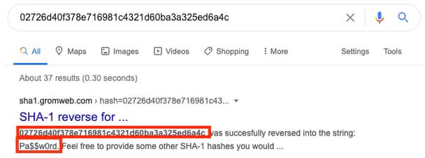 screenshot of a Google search result for the SHA hashed password value