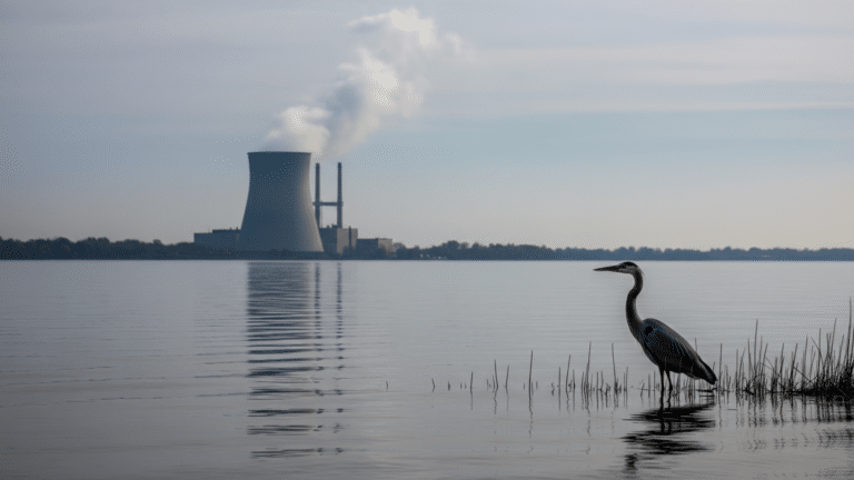 Great blue heron at water's edge near a nuclear plant wildlife sanctuary, 1 258