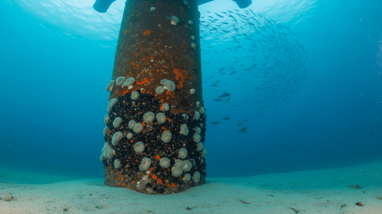 Steel offshore wind turbine foundation covered in marine life forming an artificial reef, 132 megawatt