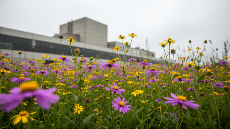Wildflower pollinator habitat blooming alongside a factory wall, no text, no logos, no faces, 17 corporate