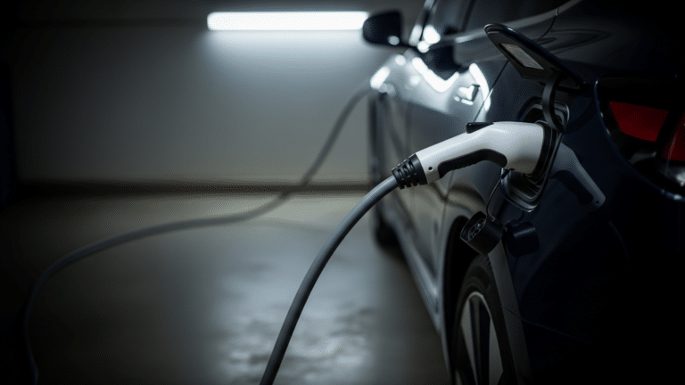 EV home charging cable plugged into an electric car in a garage at night, 5 monthly