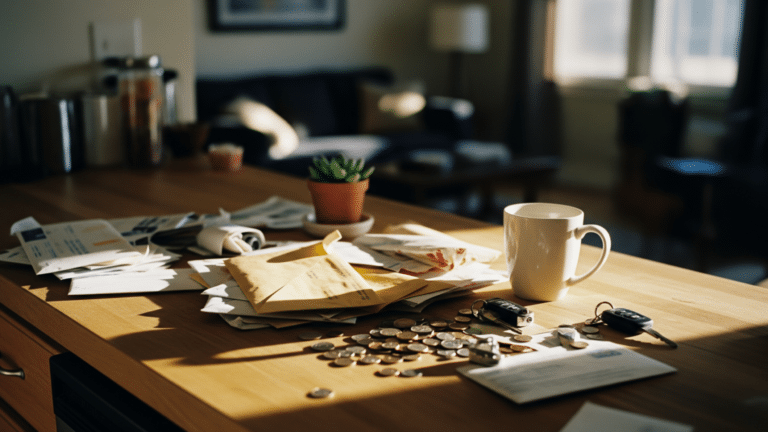 home clutter on a kitchen counter contrasted with a tidy corner and small plant, 501 person