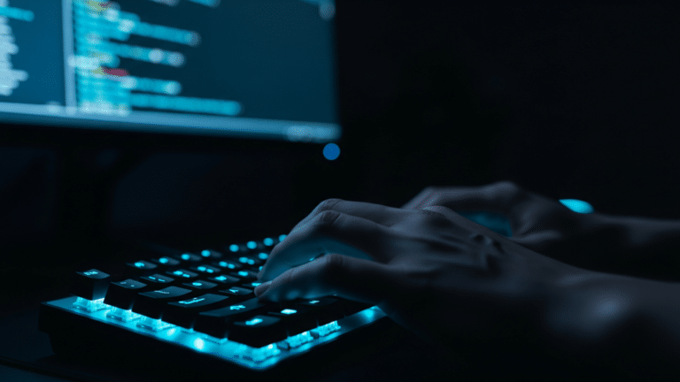 Developer hands on keyboard using open source coding agent in terminal, 7 5