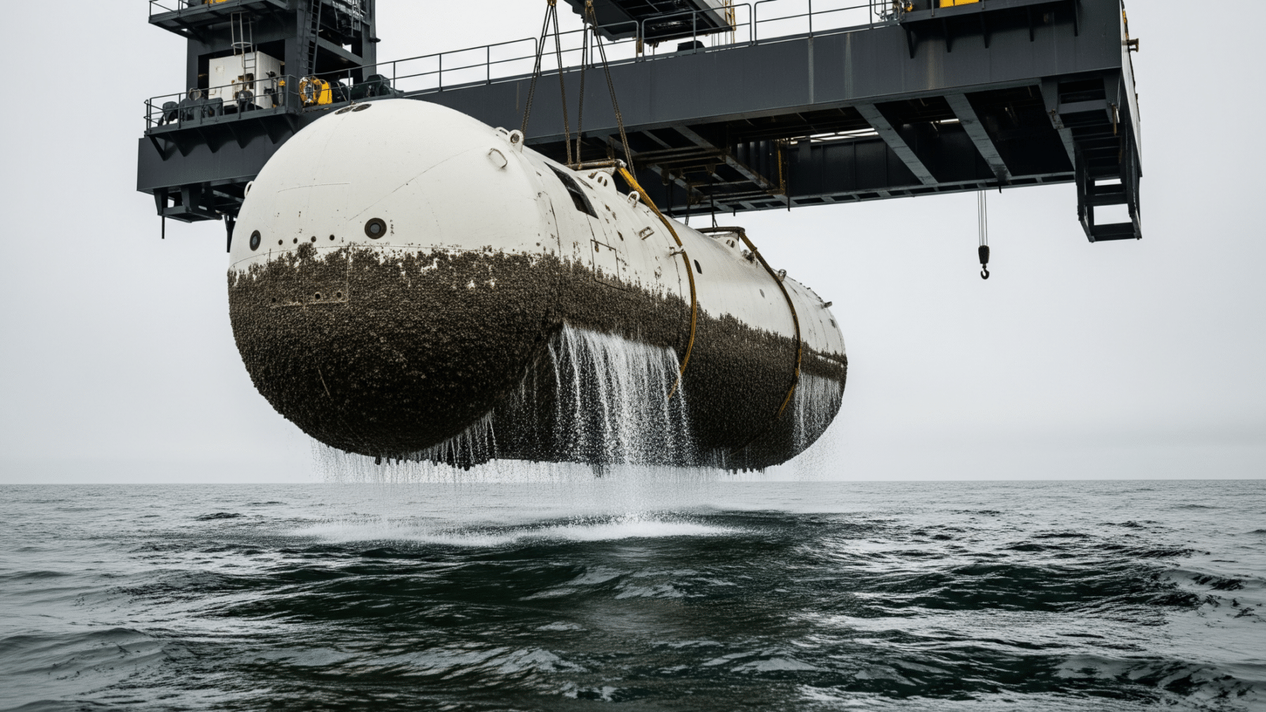 barnacle-covered underwater data center vessel lifted from ocean at Orkney Islands, 864 servers