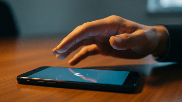 Hand hovering over smartphone showing Do Not Disturb icon on desk, about nine