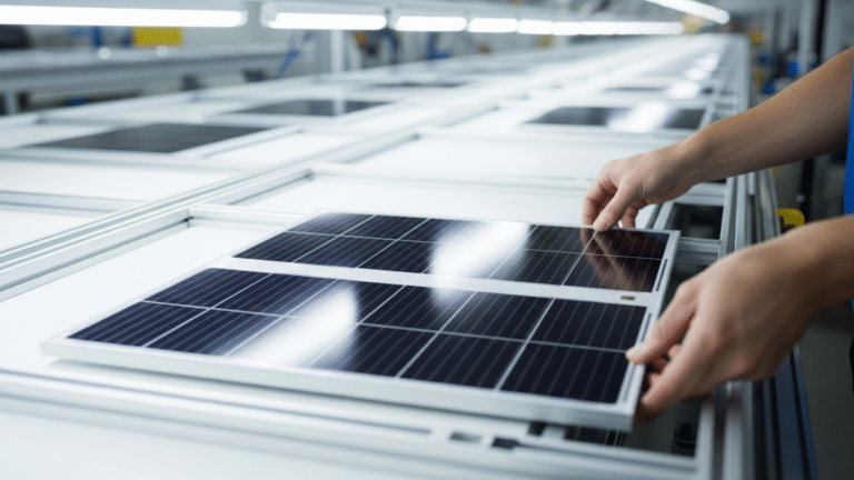 worker placing solar cell on assembly line inside US solar factory, solar factories