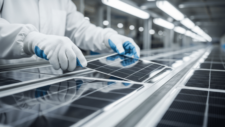 Gloved hands handling a solar cell on a factory production line, solar factories