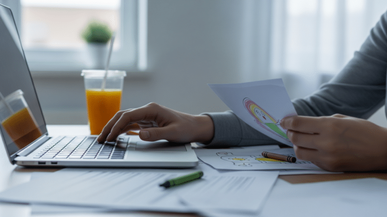 Dual-income parent balancing work papers and child's drawing at a home desk, american couples
