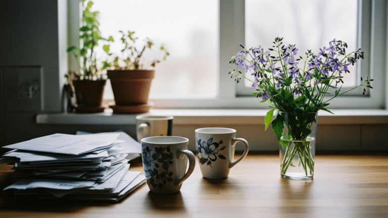 Cluttered kitchen counter with mail pile beside a clear vase, home clutter