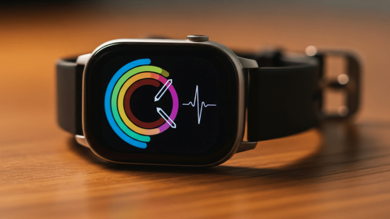 Apple Watch face glowing with health data on a wooden surface