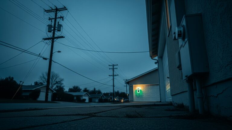 Residential utility poles and transformer at dusk near a home EV charger garage, around 80