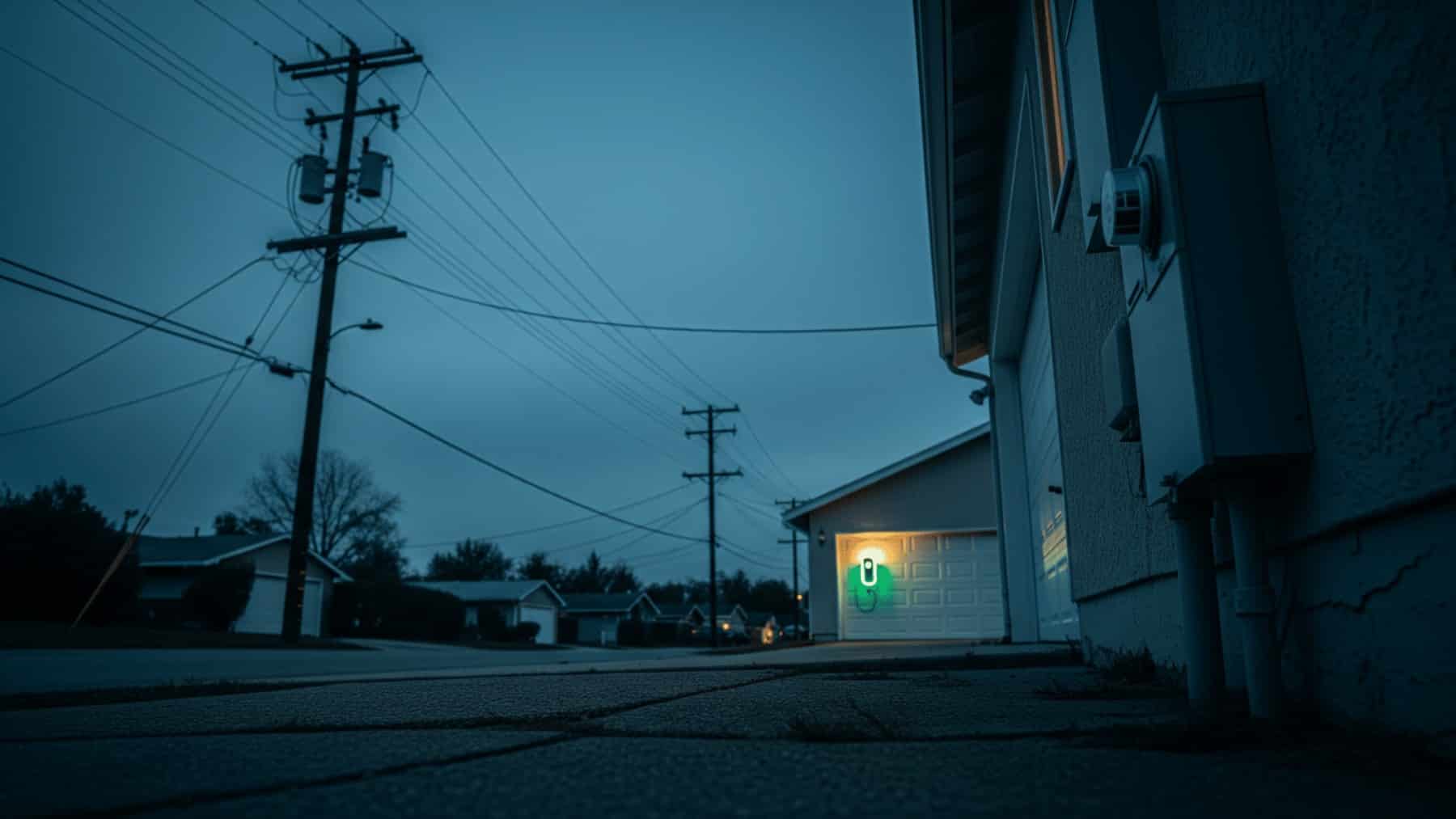 Residential utility poles and transformer at dusk near a home EV charger garage, around 80