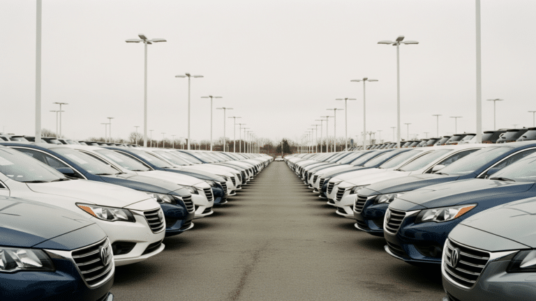 rows of new vehicles on a dealership lot showing incentive spending competition