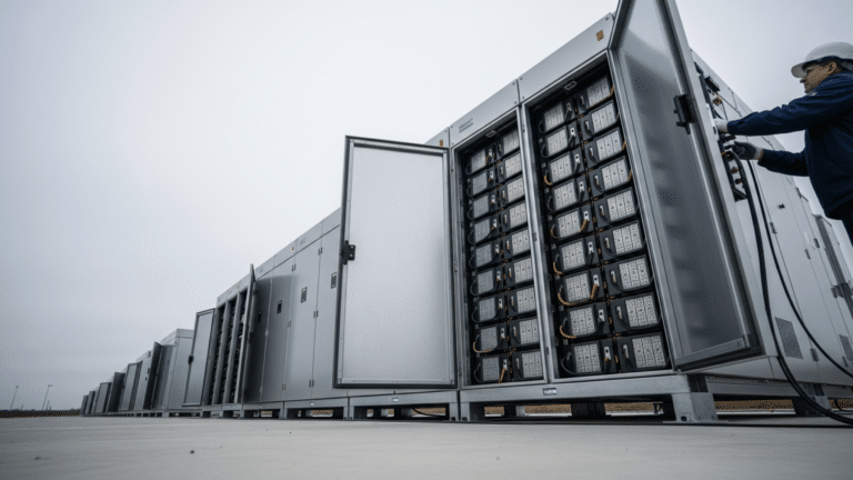 rows of utility-scale battery storage enclosures on a concrete pad, battery installations