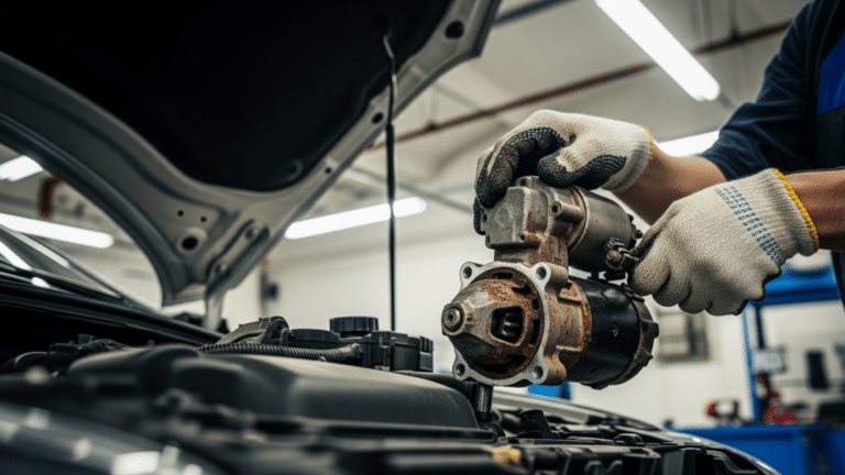 Mechanic removing a corroded engine starter during a BMW recall inspection