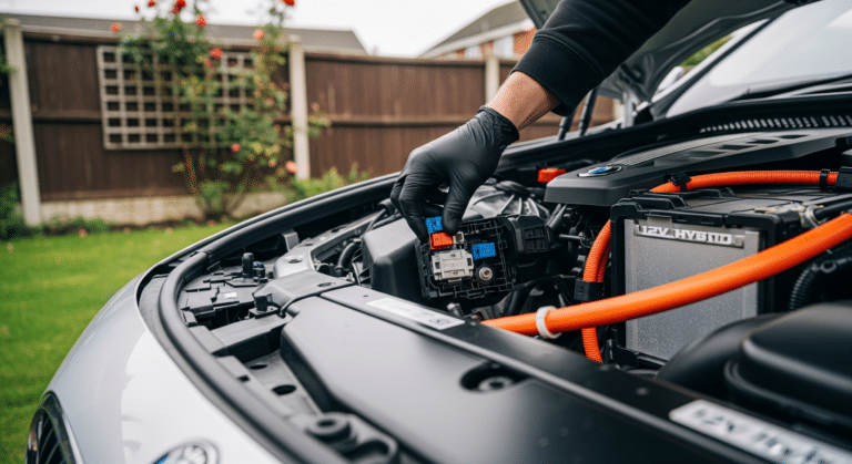 Mechanic inspecting BMW plug-in hybrid engine starter under hood, bmw recall