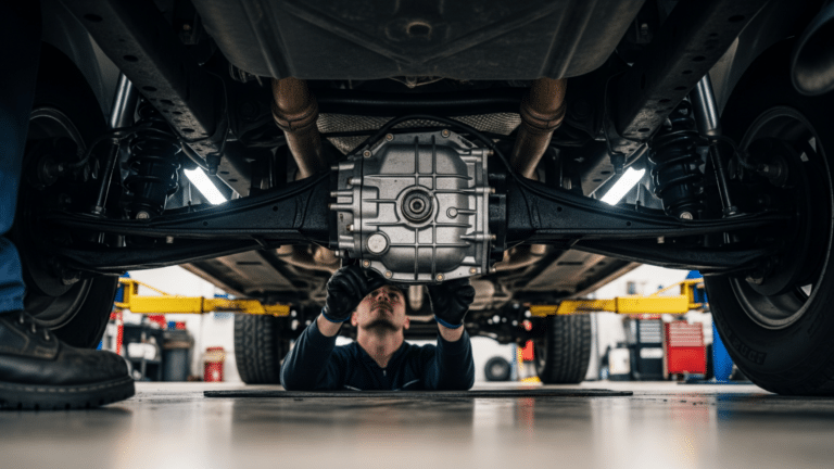 mechanic inspecting transfer case on a 4WD pickup truck undercarriage