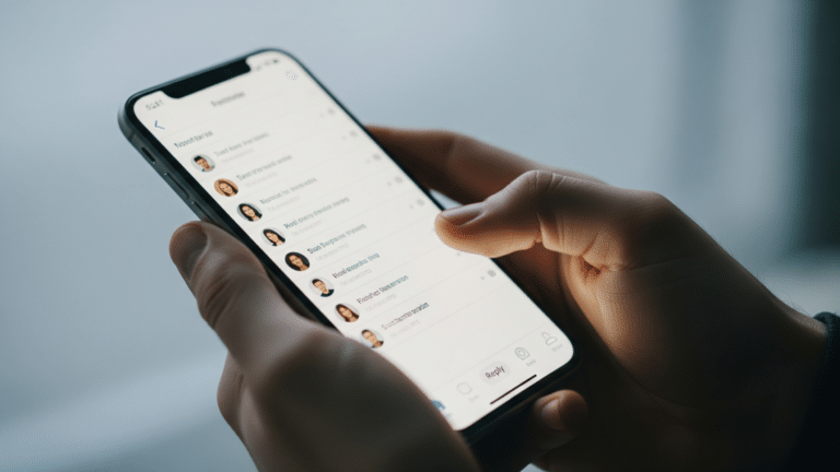 Hands holding a phone with broadcast channels DM inbox open
