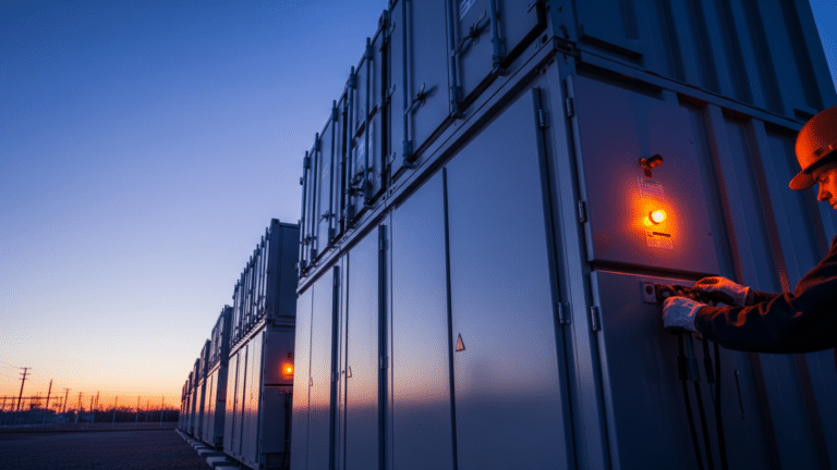 Row of utility-scale battery storage containers at dusk illustrating the battery discharge record, california s