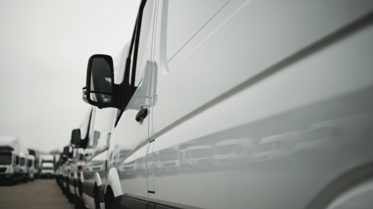 Row of white commercial vans parked in a fleet depot under overcast sky, commercial vehicle sales