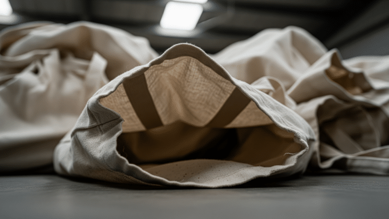 A pile of cotton tote bags on a warehouse floor, cotton tote bag in focus