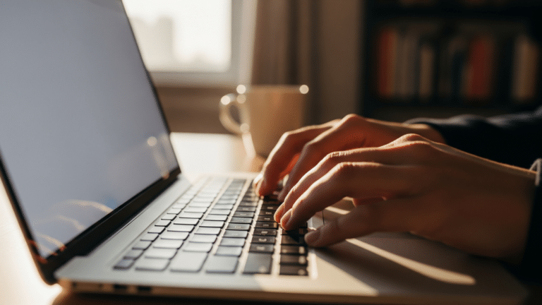hands typing on a laptop keyboard representing AI training data, each day