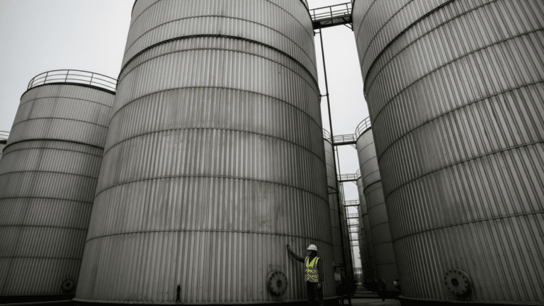 Crude oil storage tanks at a petroleum hub near tank bottoms capacity
