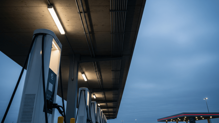 Row of DC fast-charging columns at a highway plaza ready for EV charging
