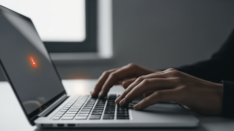 hands paused on laptop keyboard after a workplace ping notification, every ping