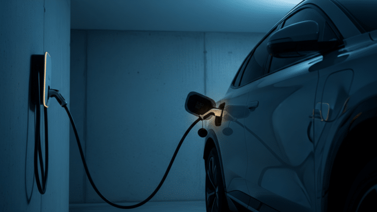 Electric vehicle plugged into a home Level 2 managed EV charging station at dusk, fewer than