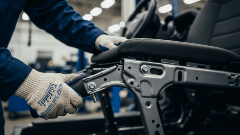 Mechanic removing front seat during Ford recalls inspection at dealership