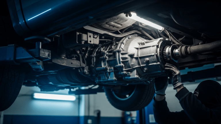 Mechanic inspecting a truck transmission under a workshop hoist during a Ford recalls repair