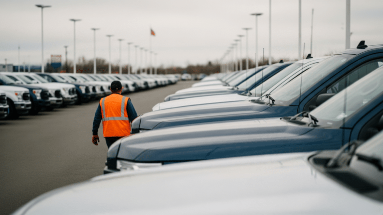 Row of full-size pickup trucks on a dealer lot, Ford Q2 2026 earnings story, ford s