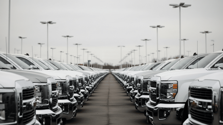 Row of full-size pickup trucks on a dealer lot, Ford Q2 2026 sales, ford sold