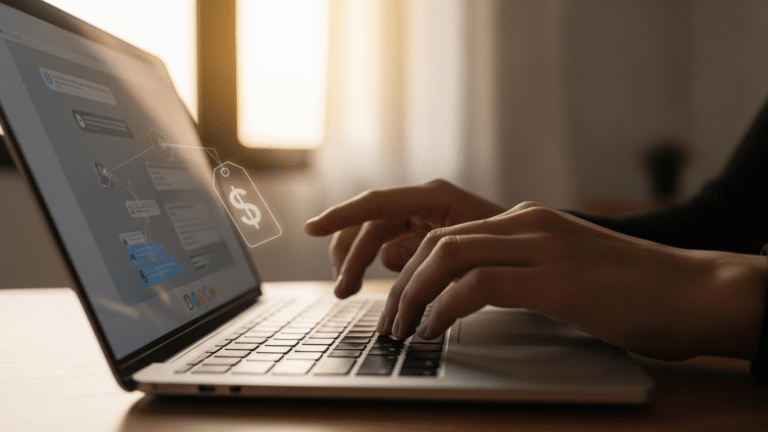 Hands typing on a laptop using a free AI chatbot interface, free tool