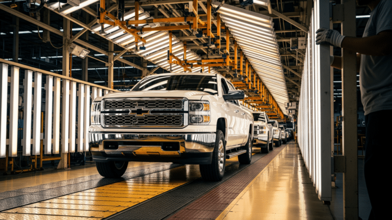 Assembly worker steadying a truck door panel inside a GM manufacturing plant, gm posts