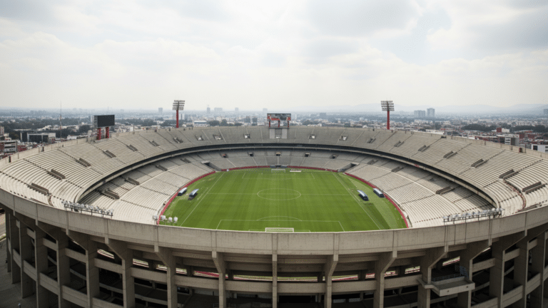 Aerial view of a large soccer stadium representing Google Earth's Estadio Azteca tour
