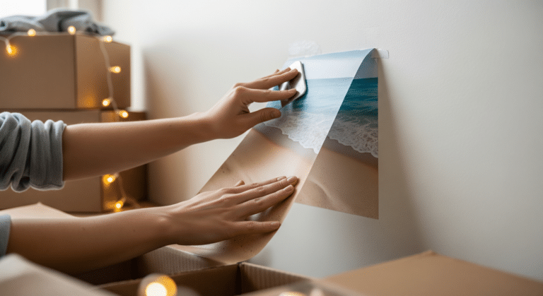 Hands applying peel-and-stick beach wallpaper to a dorm room wall, google search
