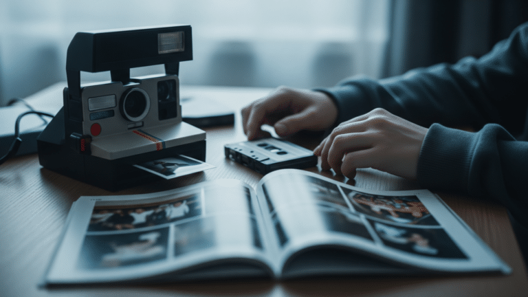 Young hands holding a cassette tape and Polaroid camera, borrowed nostalgia habit, grew up