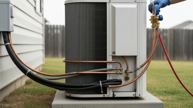 Technician connecting gauge to home air conditioner refrigerant service port, home air conditioners