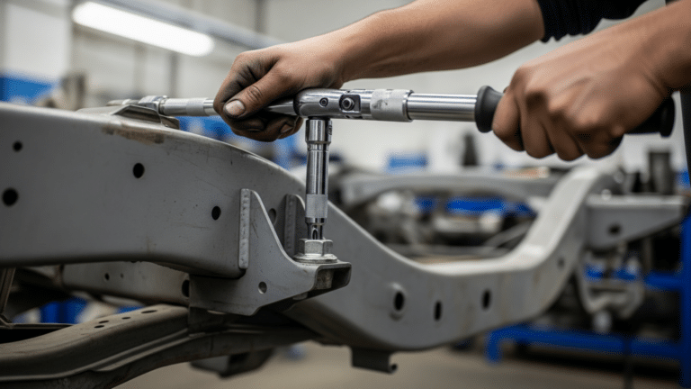 Mechanic tightening a rear subframe bolt during a Honda recall inspection