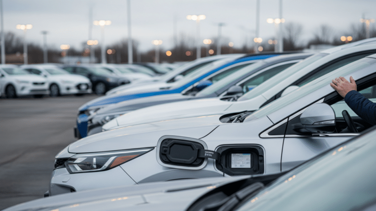 A row of hybrid vehicles on a dealership lot under overcast light
