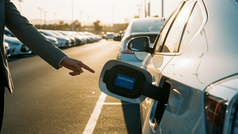 Rows of hybrid vehicles on a California dealership lot under overcast sky, hybrids claim