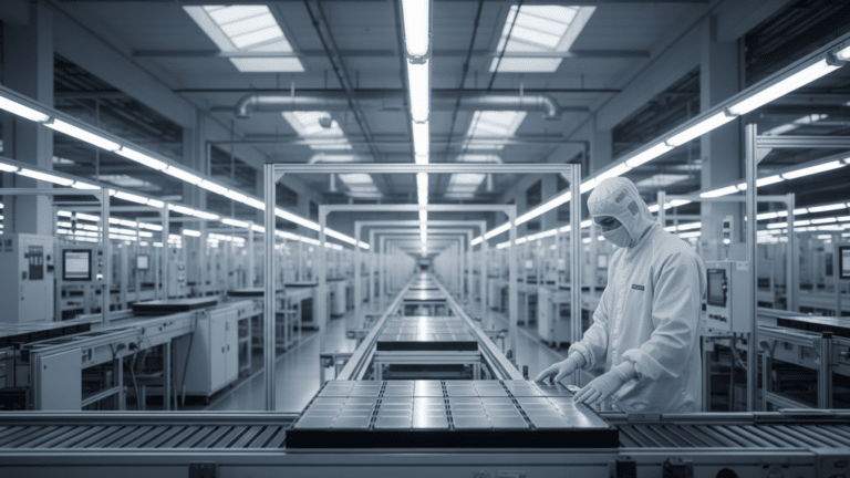 Worker inspecting EV battery cells at a Georgia EV battery plant, begin commercial