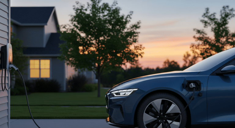 Electric vehicle on home charger in driveway illustrating battery fire recall risk, kia recall
