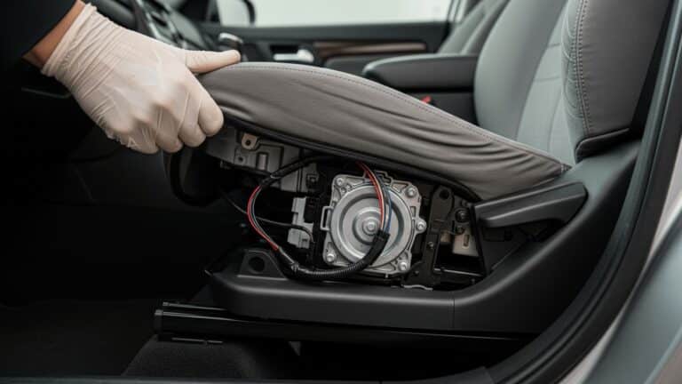 Technician inspecting a Kia Telluride power seat motor under the cushion, kia recalls