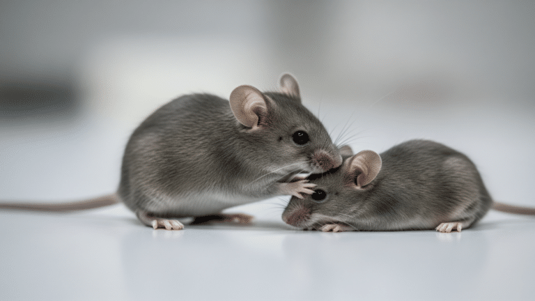 Mouse performing first aid on an unconscious companion in a lab setting, lab mice