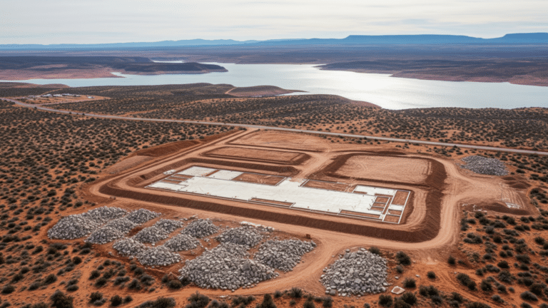 demolished coal plant site with Lake Powell visible in the Arizona desert distance