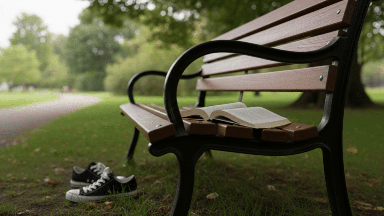 Empty park bench with abandoned book illustrating Americans' leisure and fun deficit