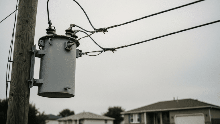 Distribution transformer on a utility pole near a home EV charger garage, level 2